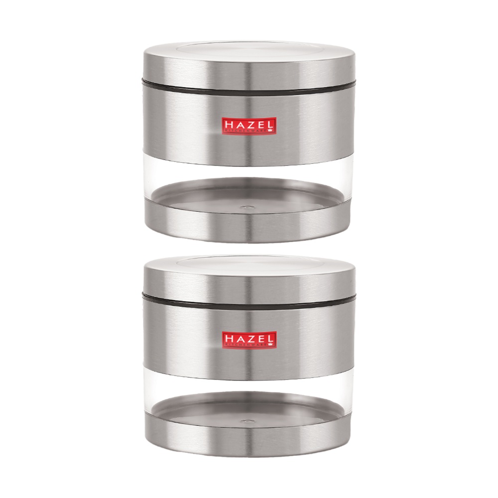 HAZEL Stainless Steel Containers Set For Kitchen Storage Transparent See Through Matt Finish Storage Jars Dabba, Set of 2, 800 ML Each, Silver