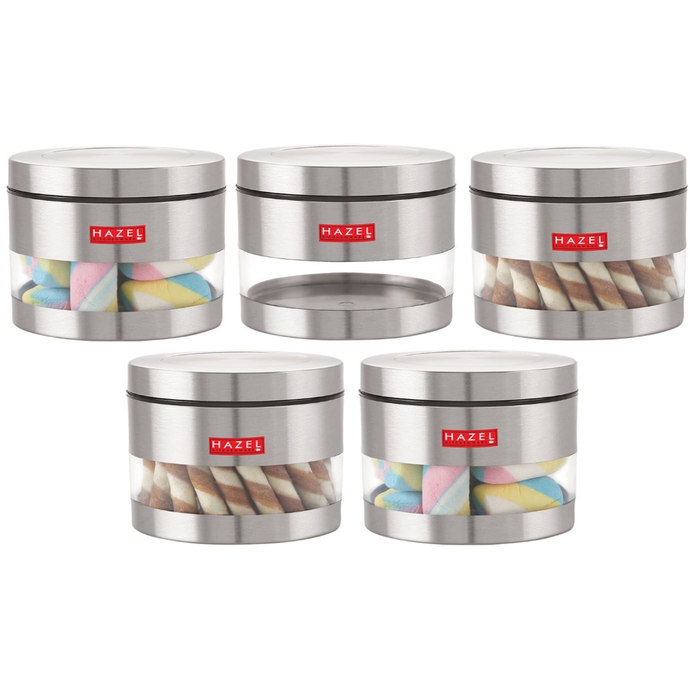 HAZEL Stainless Steel Containers Set For Kitchen Storage Transparent See Through Matt Finish Storage Jars Dabba, Set of 5, 600 ML Each, Silver