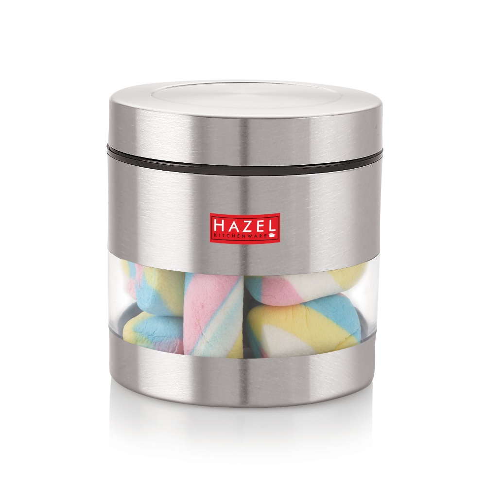 HAZEL Stainless Steel Containers Set For Kitchen Storage Transparent See Through Matt Finish Storage Jars Dabba, Set of 3, 600 ML Each, Silver