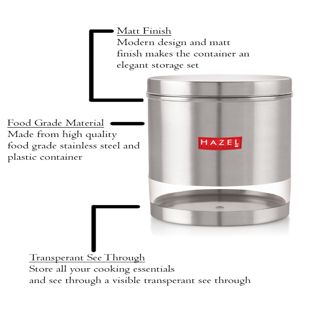 HAZEL Stainless Steel Containers Set For Kitchen Storage Transparent See Through Matt Finish Storage Jars Dabba, Set of 6, 3000 ML Each, Silver