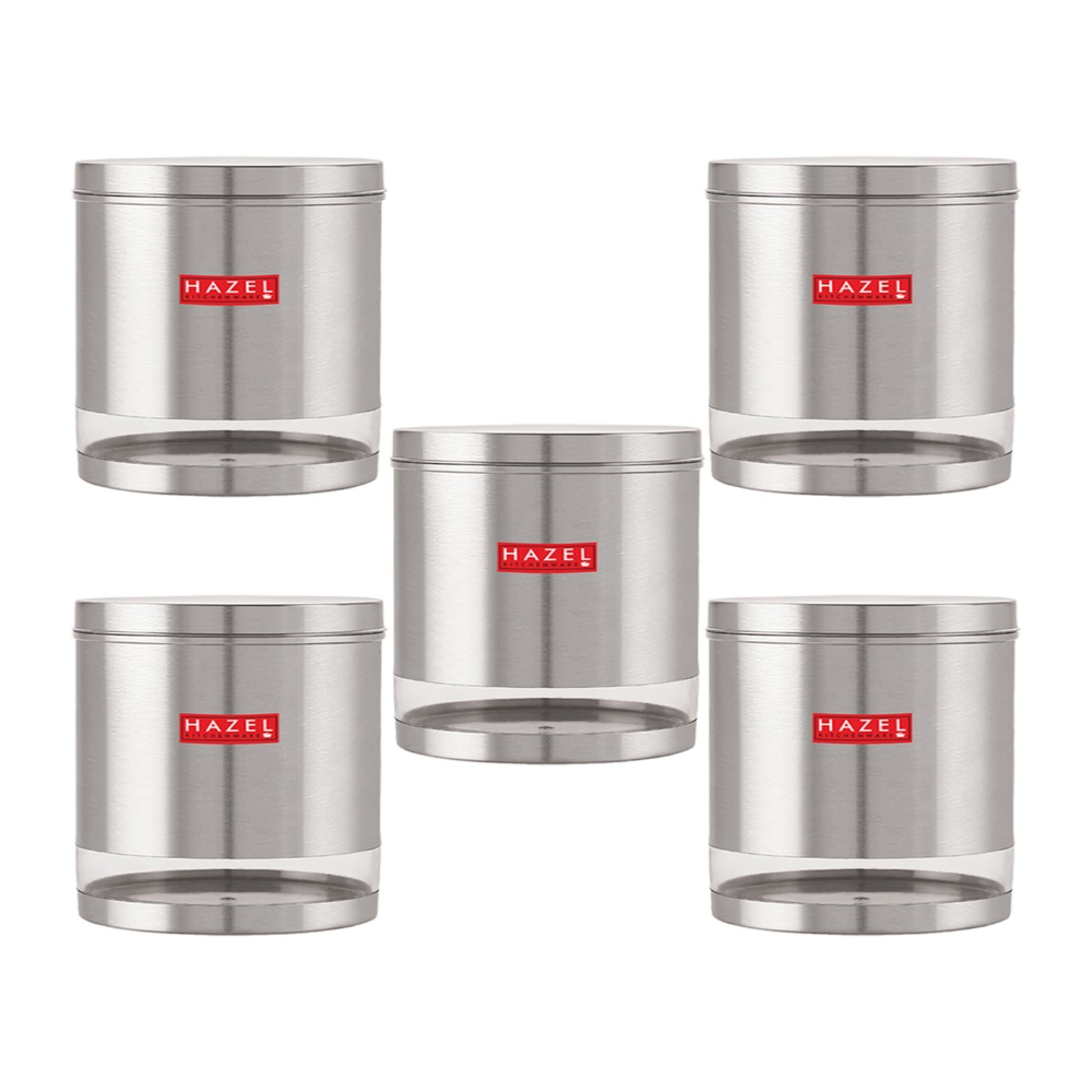 HAZEL Stainless Steel Containers Set For Kitchen Storage Transparent See Through Matt Finish Storage Jars Dabba, Set of 5, 3000 ML Each, Silver