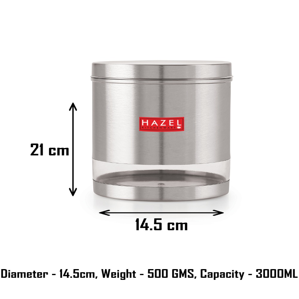 HAZEL Stainless Steel Containers Set For Kitchen Storage Transparent See Through Matt Finish Storage Jars Dabba, Set of 4, 3000 ML Each, Silver