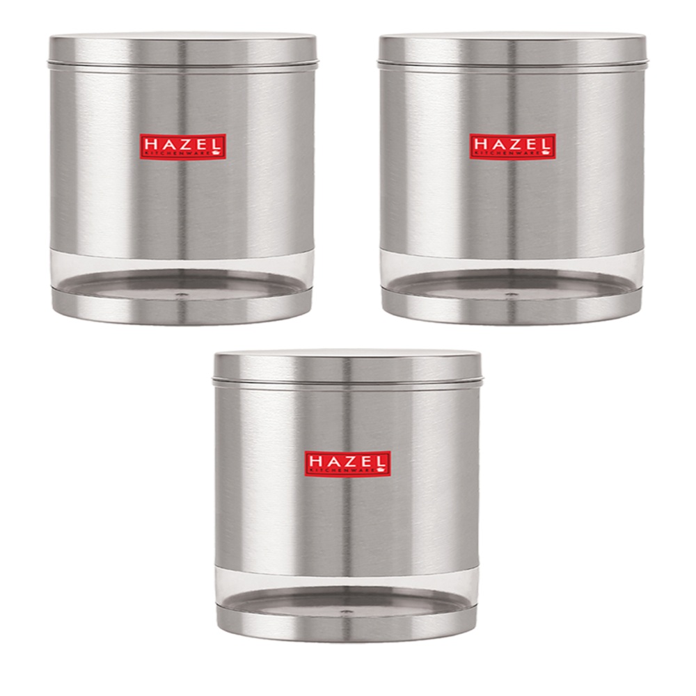 HAZEL Stainless Steel Containers Set For Kitchen Storage Transparent See Through Matt Finish Storage Jars Dabba, Set of 3, 3000 ML Each, Silver