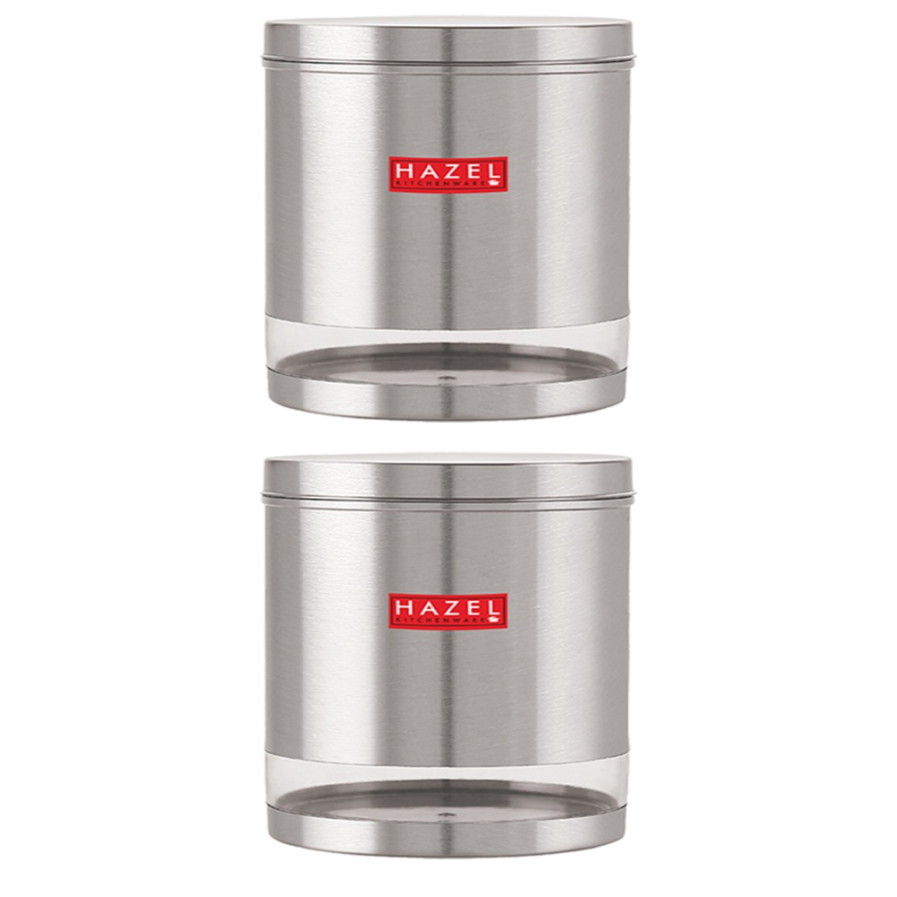 HAZEL Stainless Steel Containers Set For Kitchen Storage Transparent See Through Matt Finish Storage Jars Dabba, Set of 2, 3000 ML Each, Silver