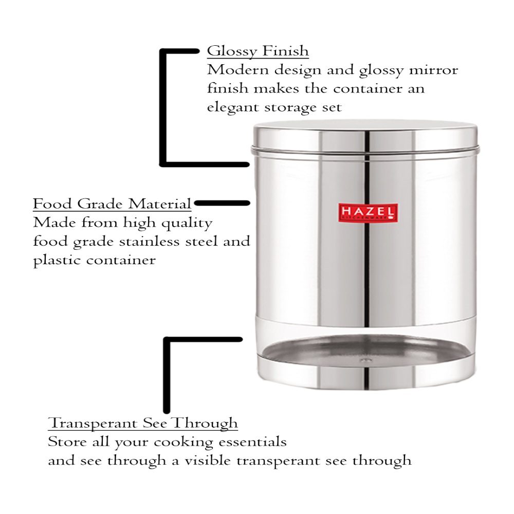 HAZEL Stainless Steel Containers Set For Kitchen Storage Transparent See Through Glossy Finish Storage Jars Dabba, Set of 6, 3000 ML Each, Silver