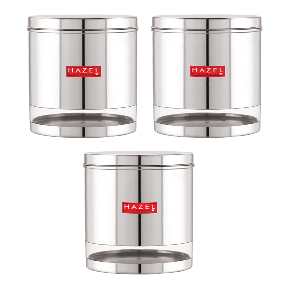 HAZEL Stainless Steel Containers Set For Kitchen Storage Transparent See Through Glossy Finish Storage Jars Dabba, Set of 3, 3000 ML Each, Silver