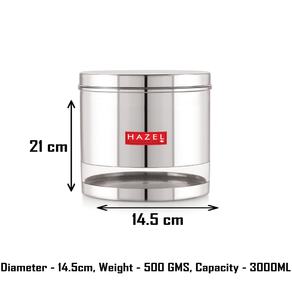 HAZEL Stainless Steel Containers Set For Kitchen Storage Transparent See Through Glossy Finish Storage Jars Dabba, Set of 3, 3000 ML Each, Silver