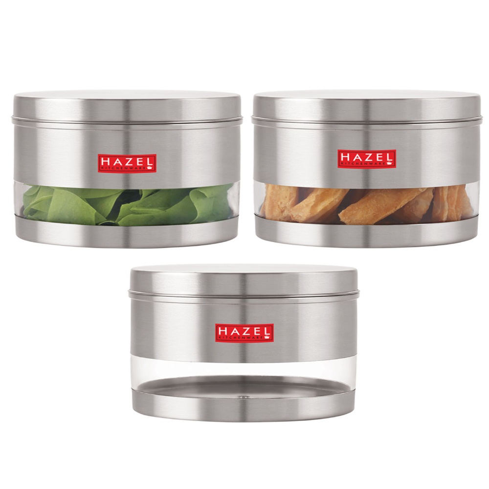 HAZEL Stainless Steel Containers Set For Kitchen Storage Transparent See Through Matt Finish Storage Jars Dabba, Set of 3, 1500 ML Each, Silver