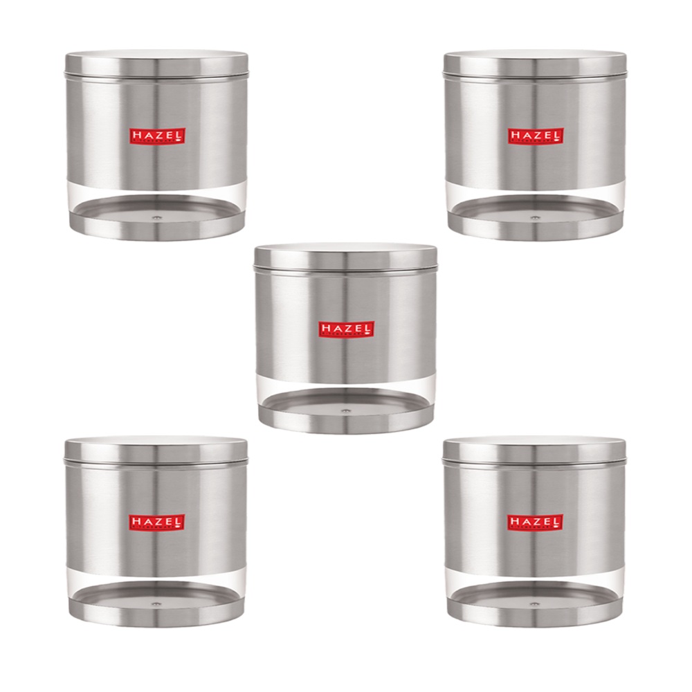 HAZEL Stainless Steel Containers Set For Kitchen Storage Transparent See Through Matt Finish Storage Jars Dabba, Set of 5, 2200 ML Each, Silver