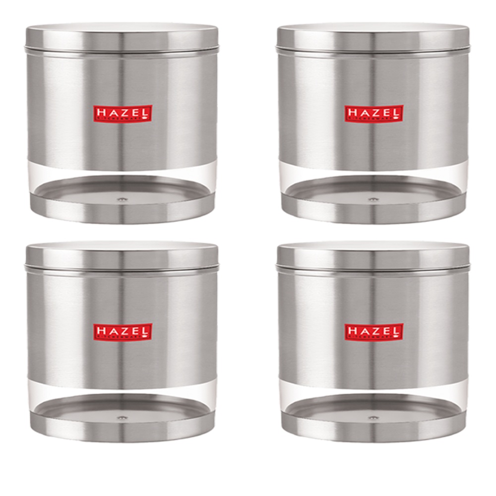 HAZEL Stainless Steel Containers Set For Kitchen Storage Transparent See Through Matt Finish Storage Jars Dabba, Set of 4, 2200 ML Each, Silver