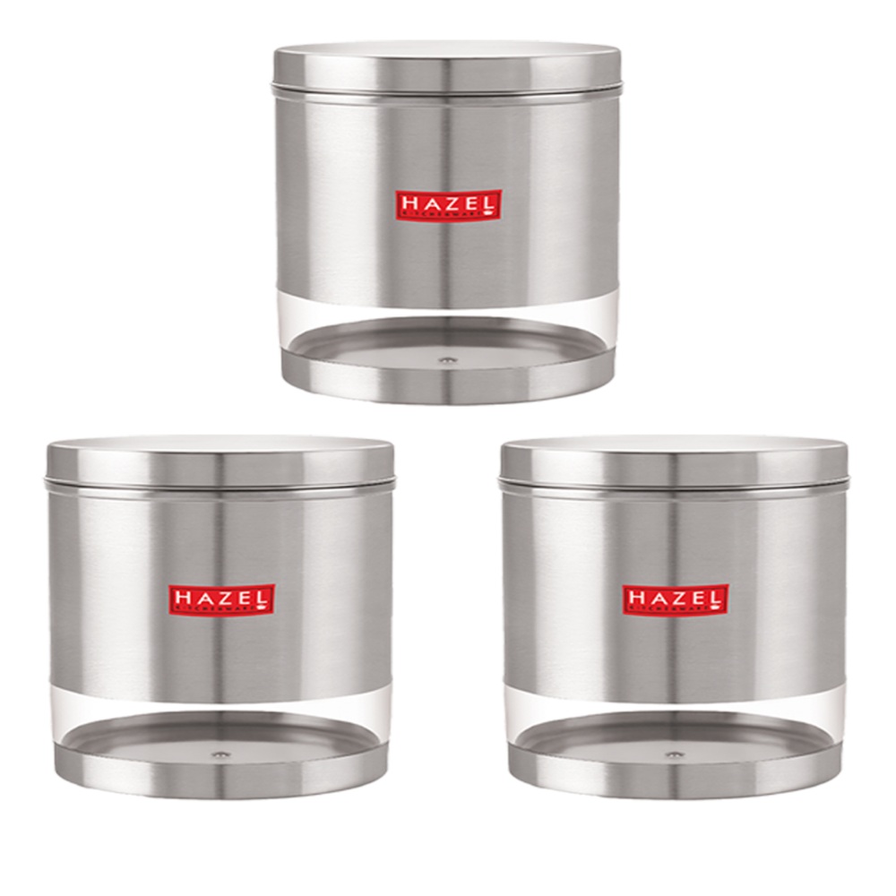 HAZEL Stainless Steel Containers Set For Kitchen Storage Transparent See Through Matt Finish Storage Jars Dabba, Set of 3, 2200 ML Each, Silver