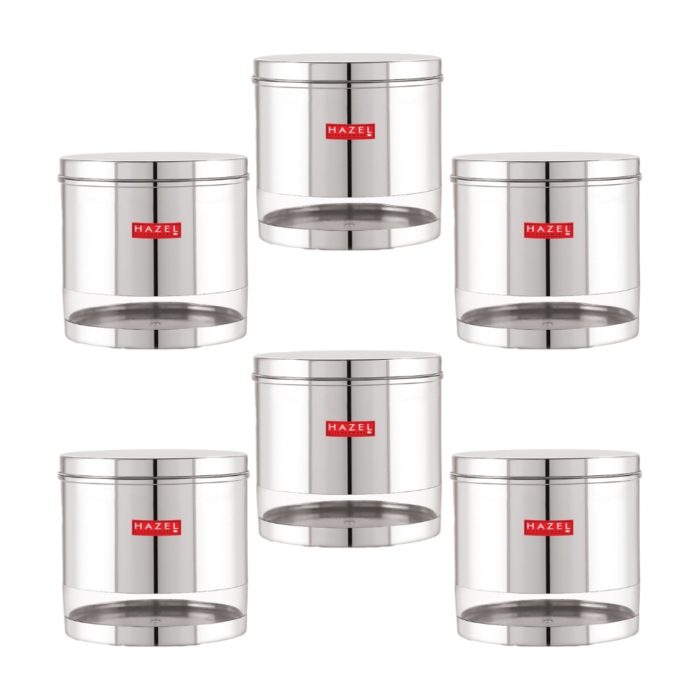 HAZEL Stainless Steel Containers Set For Kitchen Storage Transparent See Through Glossy Finish Storage Jars Dabba, Set of 6, 2200 ML Each, Silver