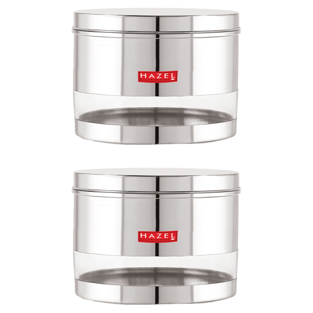 HAZEL Stainless Steel Containers Set For Kitchen Storage Transparent See Through Glossy Finish Storage Jars Dabba, Set of 2, 1500 ML Each, Silver