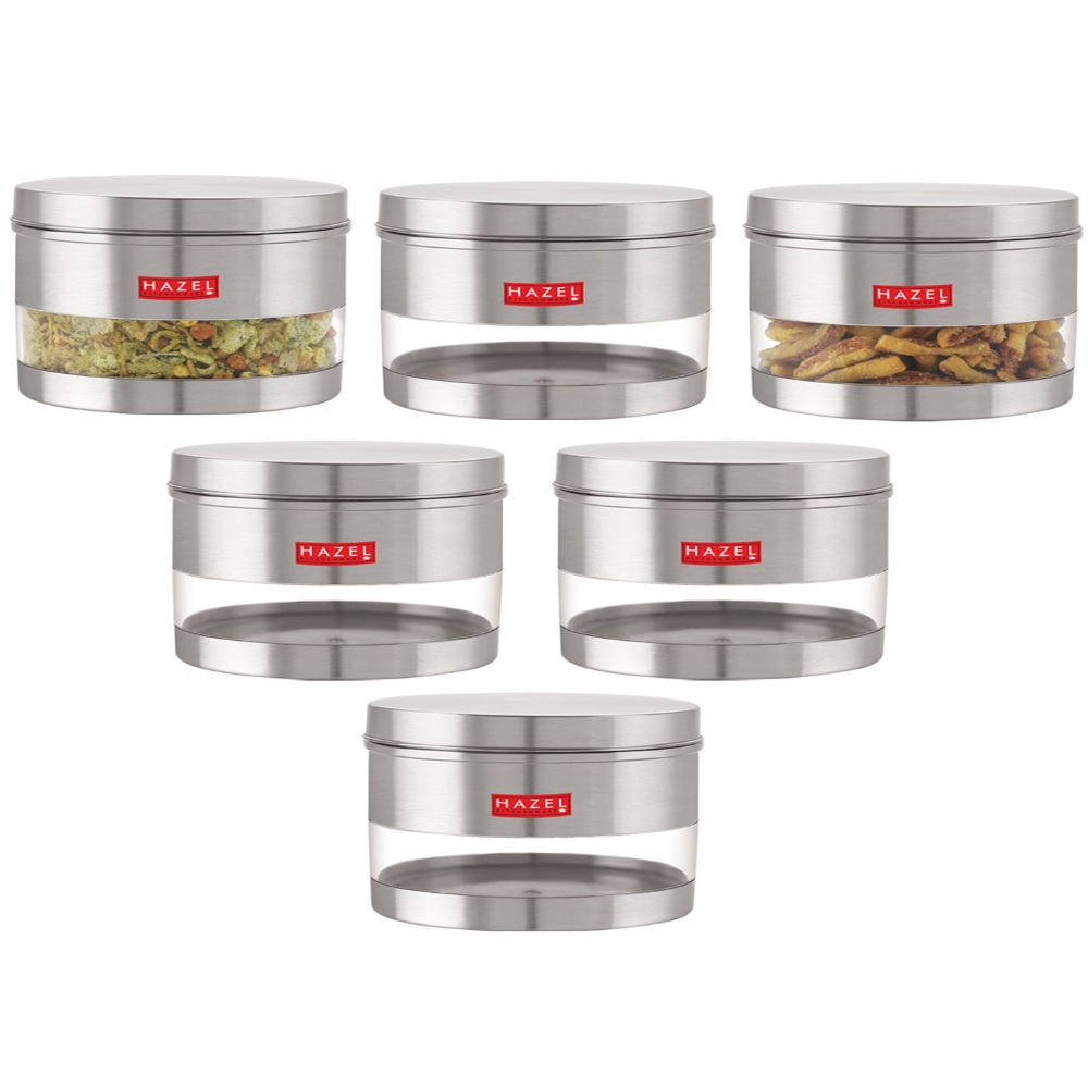 HAZEL Stainless Steel Containers Set For Kitchen Storage Transparent See Through Matt Finish Storage Jars Dabba, Set of 6, 1100 ML Each, Silver