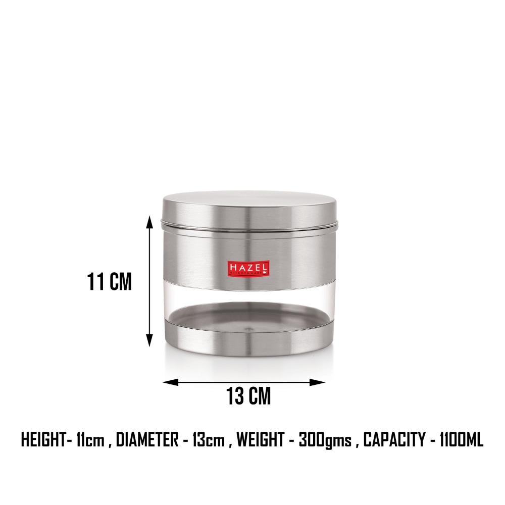 HAZEL Stainless Steel Containers Set For Kitchen Storage Transparent See Through Matt Finish Storage Jars Dabba, Set of 5, 1100 ML Each, Silver