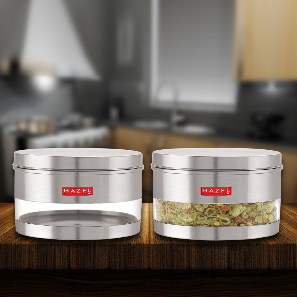 HAZEL Stainless Steel Containers Set For Kitchen Storage Transparent See Through Matt Finish Storage Jars Dabba, Set of 2, 1100 ML Each, Silver