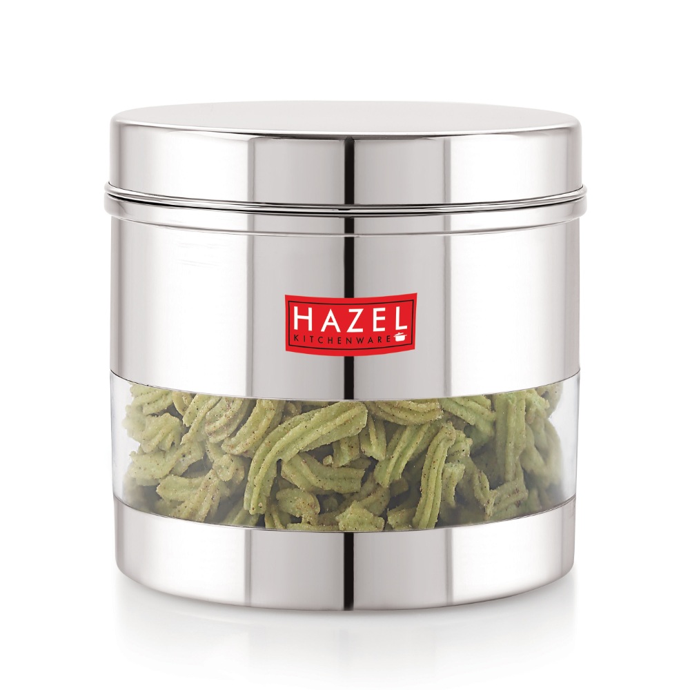 HAZEL Stainless Steel Containers Set For Kitchen Storage Transparent See Through Glossy Finish Storage Jars Dabba, Set of 6, 1100 ML Each, Silver