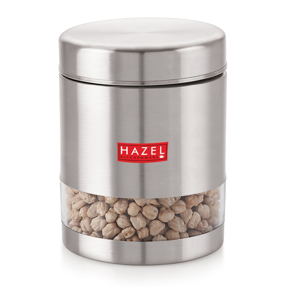 HAZEL Stainless Steel Containers Set For Kitchen Storage Transparent See Through Matt Finish Storage Jars Dabba, Set of 2, 1200 ML Each, Silver