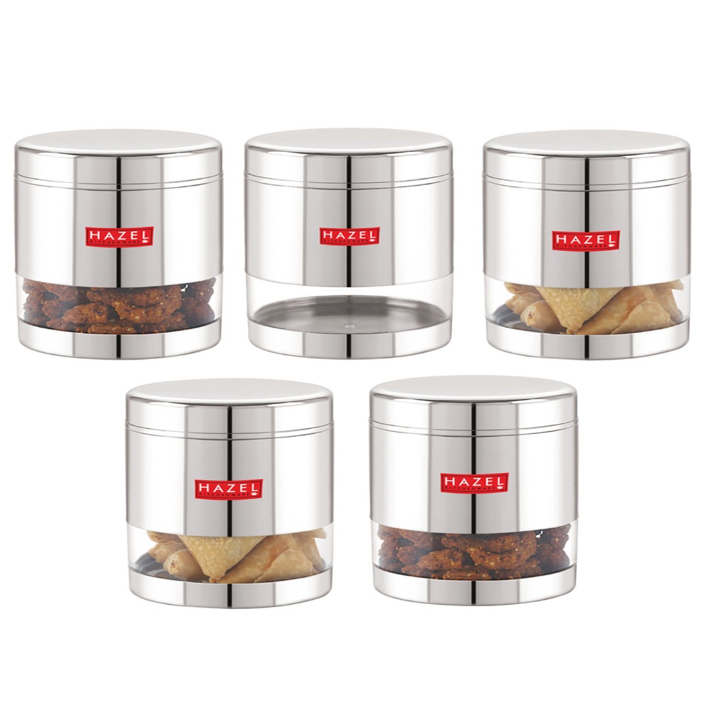 HAZEL Stainless Steel Containers Set For Kitchen Storage Transparent See Through Glossy Finish Storage Jars Dabba, Set of 5, 800 ML Each, Silver