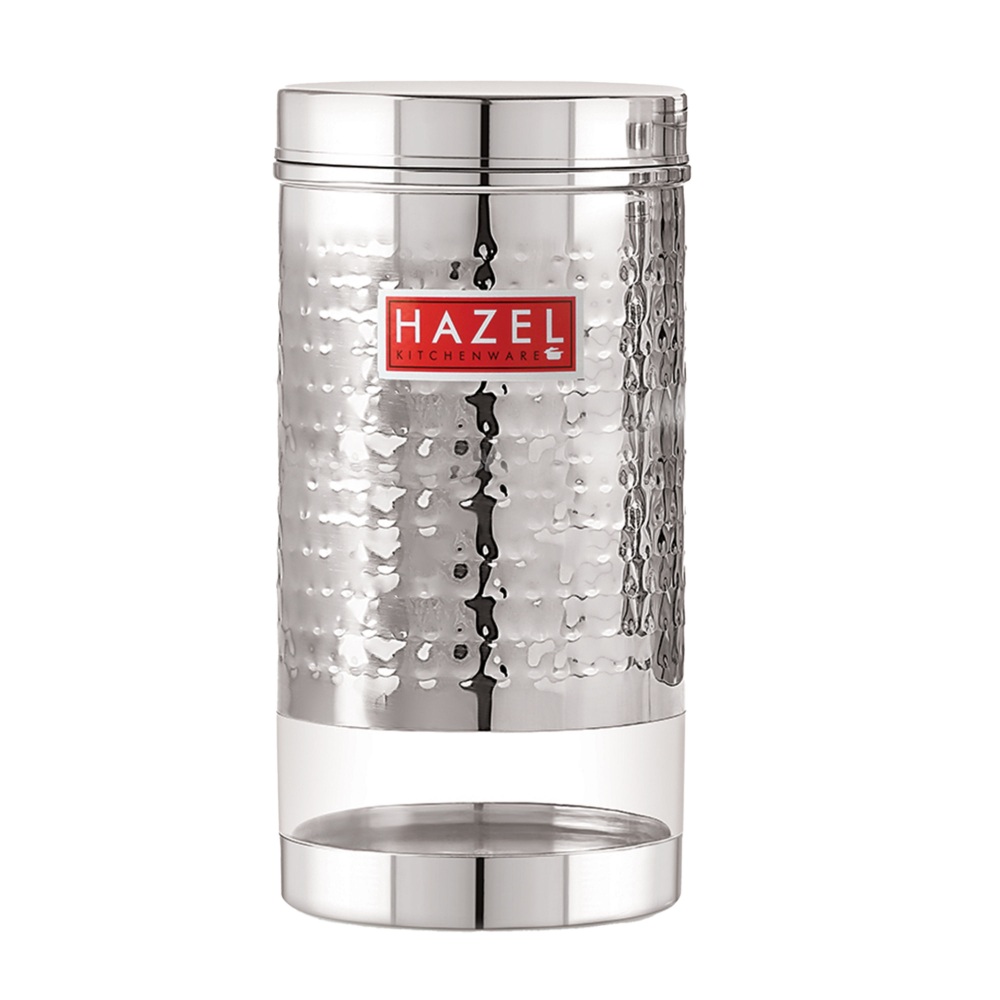 HAZEL Stainless Steel Containers Set For Kitchen Storage Hammered Finish Transparent See Through Glossy Storage Jars Dabba, Set of 6, 1700 ML Each, Silver