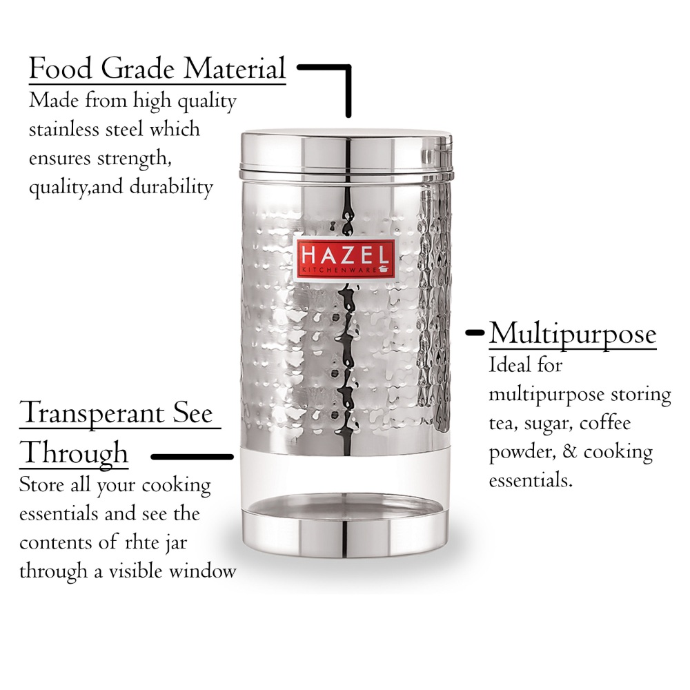 HAZEL Stainless Steel Containers Set For Kitchen Storage Hammered Finish Transparent See Through Glossy Storage Jars Dabba, Set of 4, 1700 ML Each, Silver