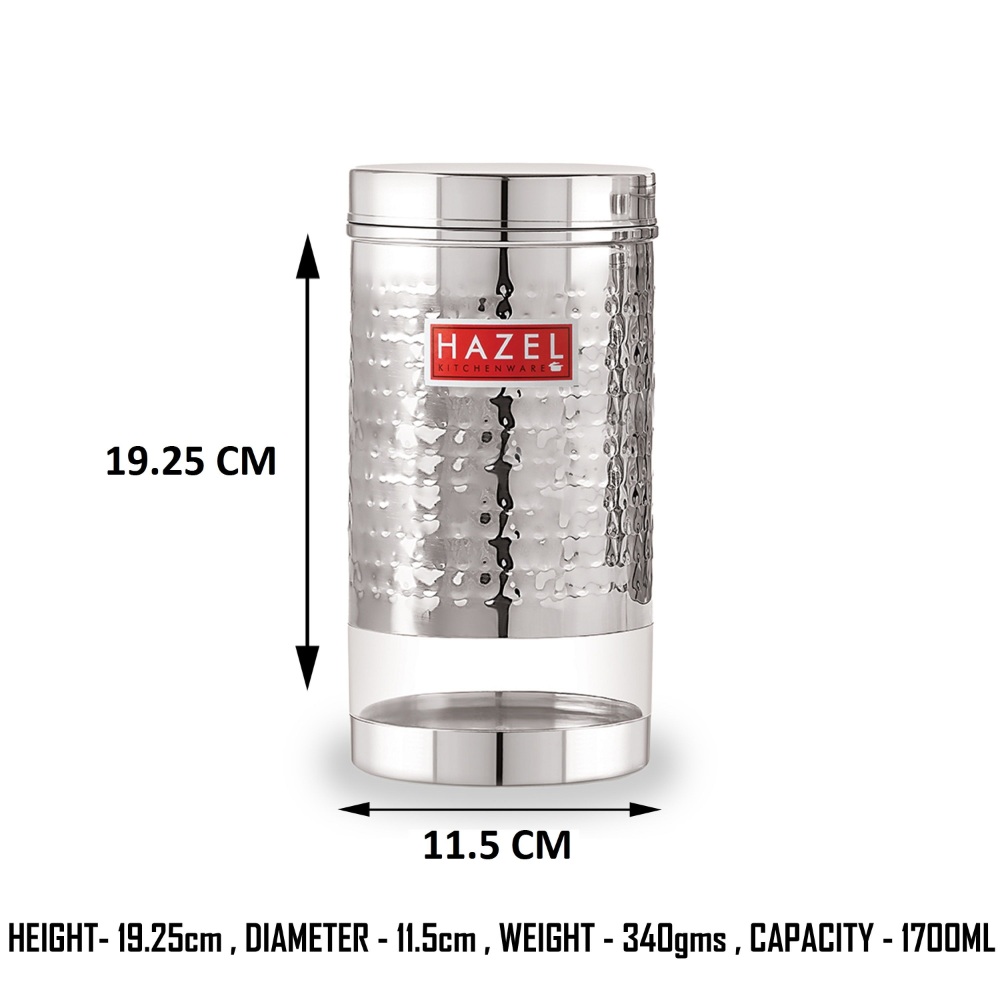 HAZEL Stainless Steel Containers Set For Kitchen Storage Hammered Finish Transparent See Through Glossy Storage Jars Dabba, Set of 2, 1700 ML Each, Silver