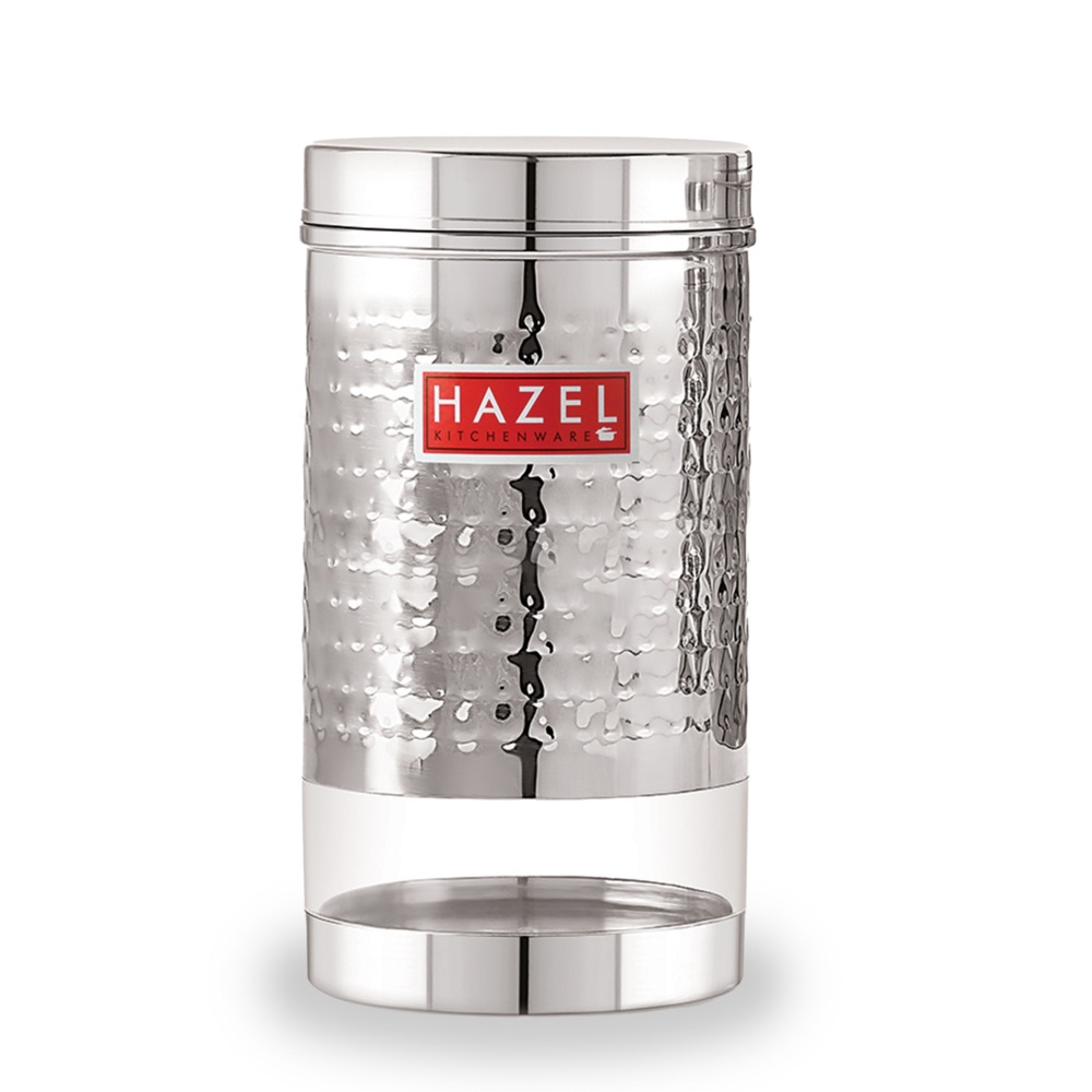 HAZEL Stainless Steel Containers Set For Kitchen Storage Hammered Finish Transparent See Through Glossy Storage Jars Dabba, Set of 5, 1200 ML Each, Silver