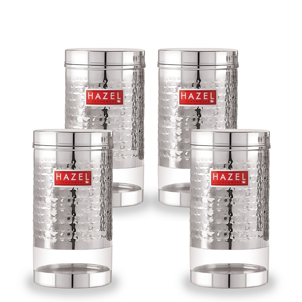 HAZEL Stainless Steel Containers Set For Kitchen Storage Hammered Finish Transparent See Through Glossy Storage Jars Dabba, Set of 4, 1200 ML Each, Silver