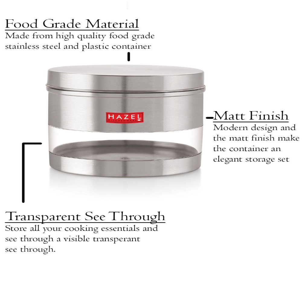 HAZEL Stainless Steel Containers Set For Kitchen Storage Transparent See Through Matt Finish Storage Jars Dabba, Set of 5, 1100 ML Each, Silver