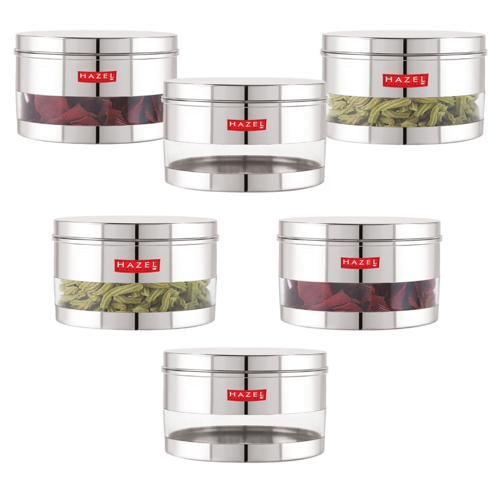 HAZEL Stainless Steel Containers Set For Kitchen Storage Transparent See Through Glossy Finish Storage Jars Dabba, Set of 6, 1100 ML Each, Silver