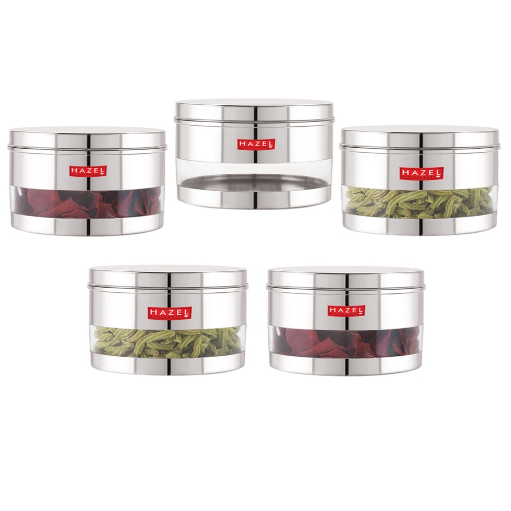 HAZEL Stainless Steel Containers Set For Kitchen Storage Transparent See Through Glossy Finish Storage Jars Dabba, Set of 5, 1100 ML Each, Silver