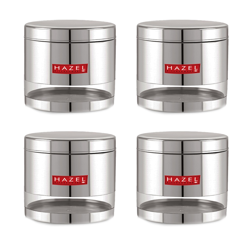 HAZEL Stainless Steel Containers Set For Kitchen Storage Transparent See Through Glossy Finish Storage Jars Dabba, Set of 4, 1000 ML Each, Silver