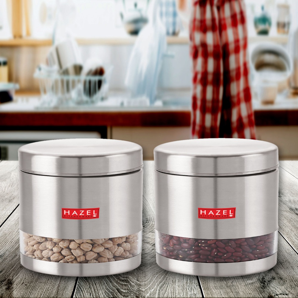 HAZEL Stainless Steel Containers Set For Kitchen Storage Transparent See Through Matt Finish Storage Jars Dabba, Set of 2, 1200 ML Each, Silver