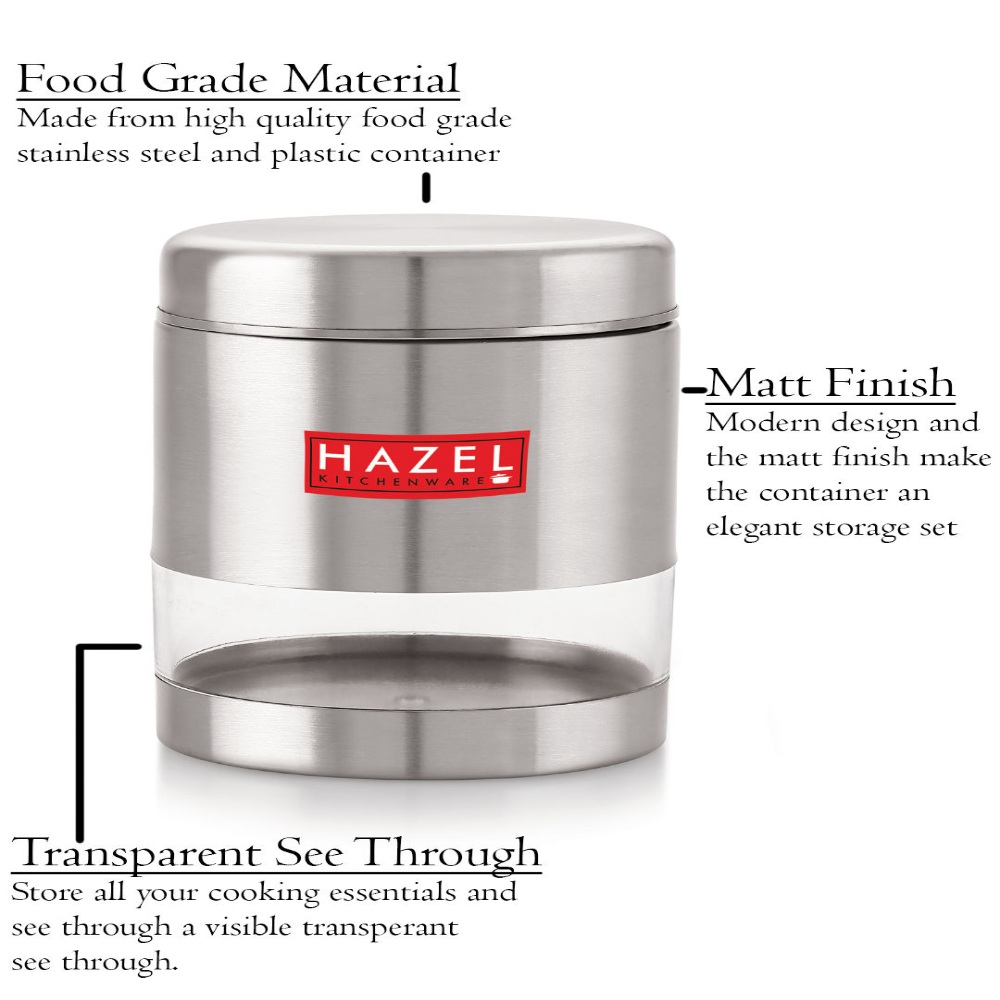 HAZEL Stainless Steel Containers Set For Kitchen Storage Transparent See Through Matt Finish Storage Jars Dabba, Set of 2, 1200 ML Each, Silver