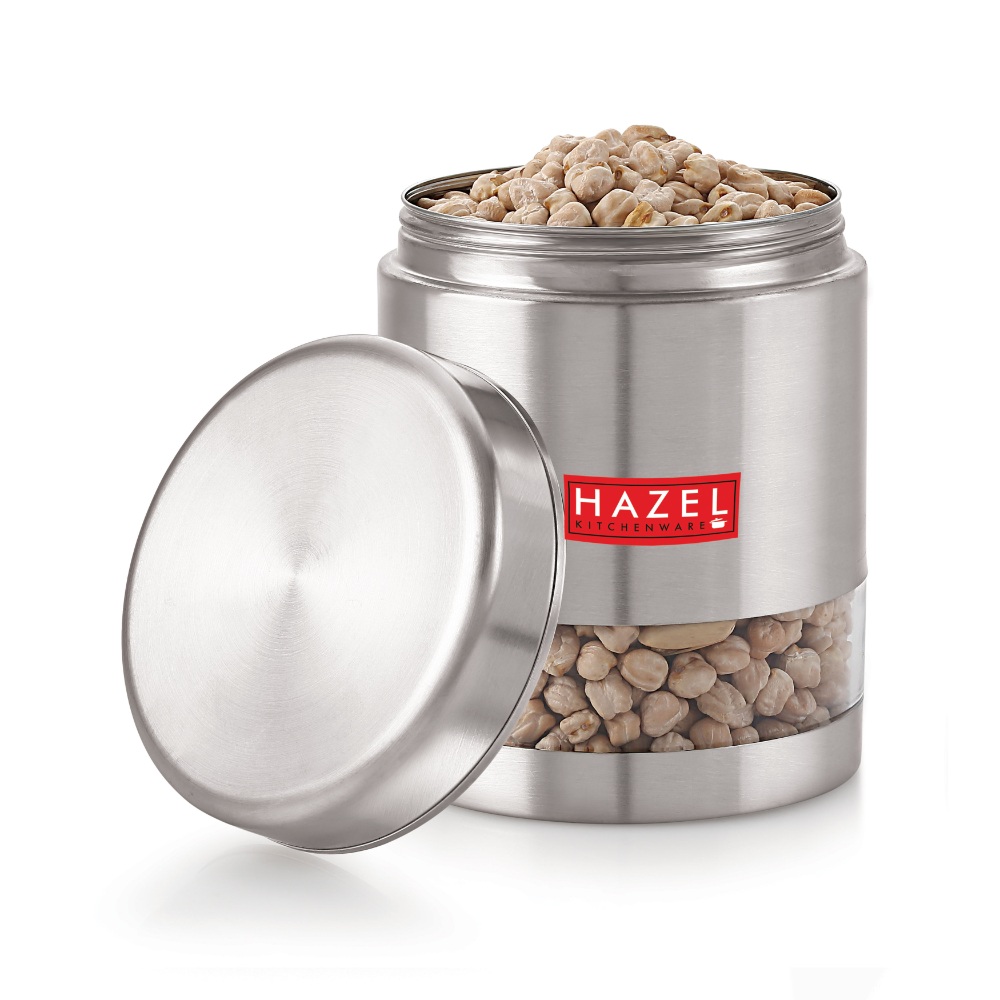 HAZEL Stainless Steel Containers Set For Kitchen Storage Transparent See Through Matt Finish Storage Jars Dabba, Set of 2, 1200 ML Each, Silver