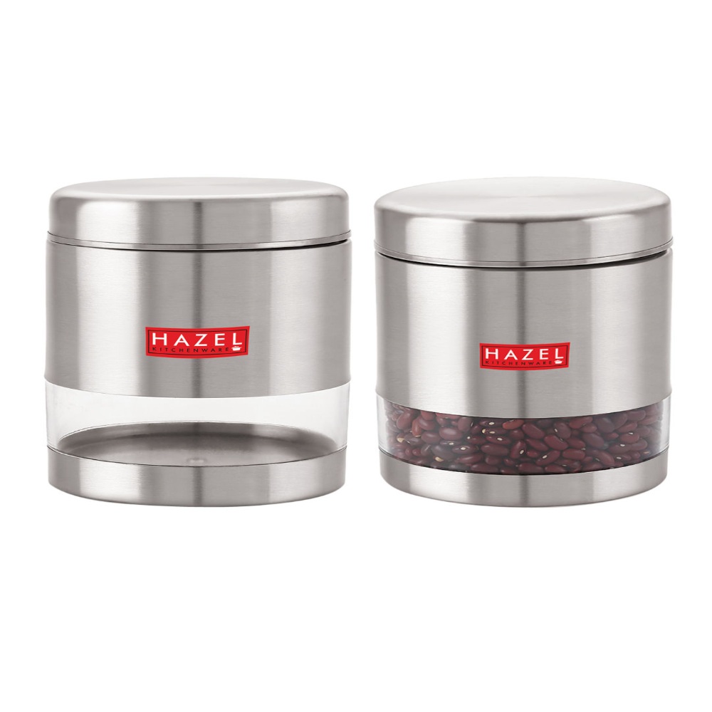 HAZEL Stainless Steel Containers Set For Kitchen Storage Transparent See Through Matt Finish Storage Jars Dabba, Set of 2, 1200 ML Each, Silver