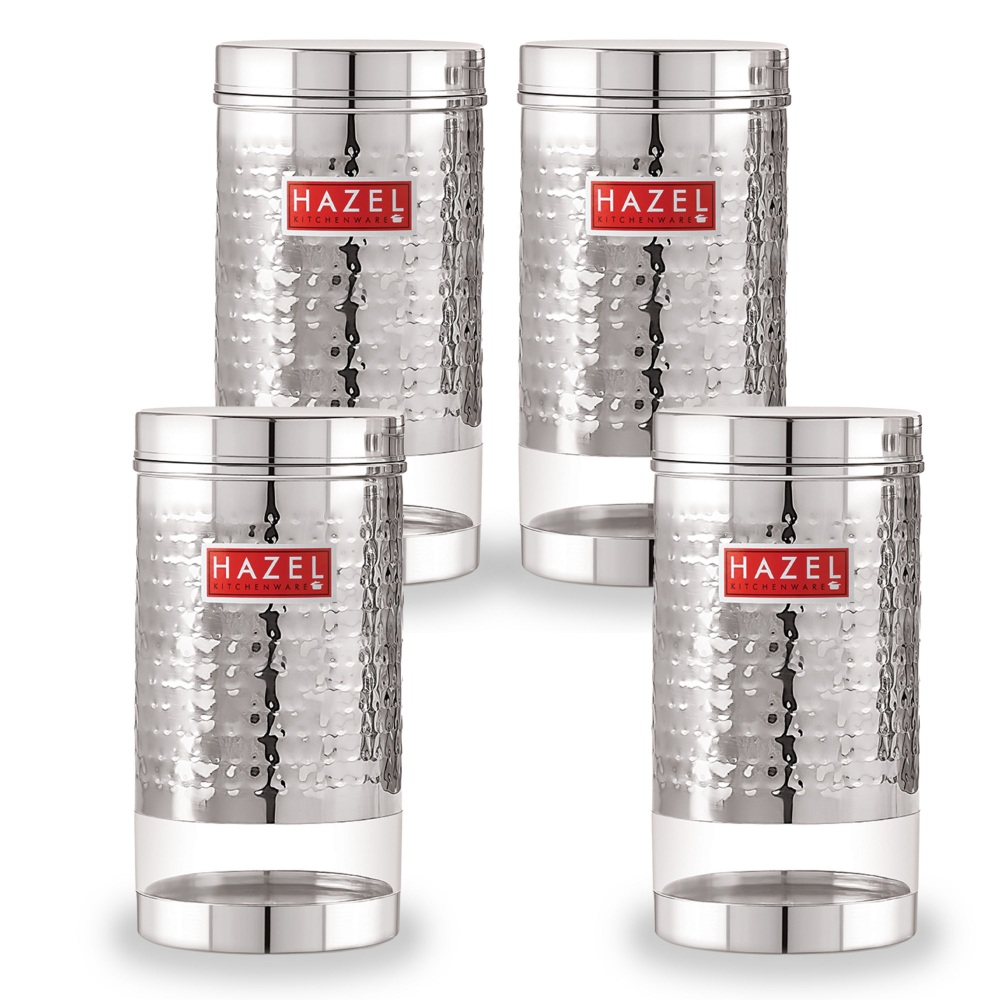 HAZEL Stainless Steel Containers Set For Kitchen Storage Hammered Finish Transparent See Through Glossy Storage Jars Dabba, Set of 4, 1700 ML Each, Silver