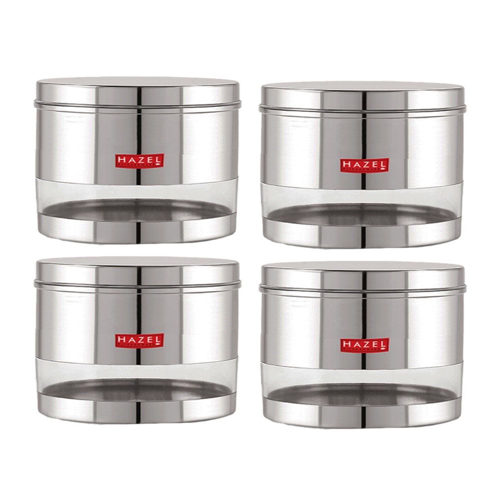 HAZEL Stainless Steel Containers Set For Kitchen Storage Transparent See Through Glossy Finish Storage Jars Dabba, Set of 4, 1500 ML Each, Silver