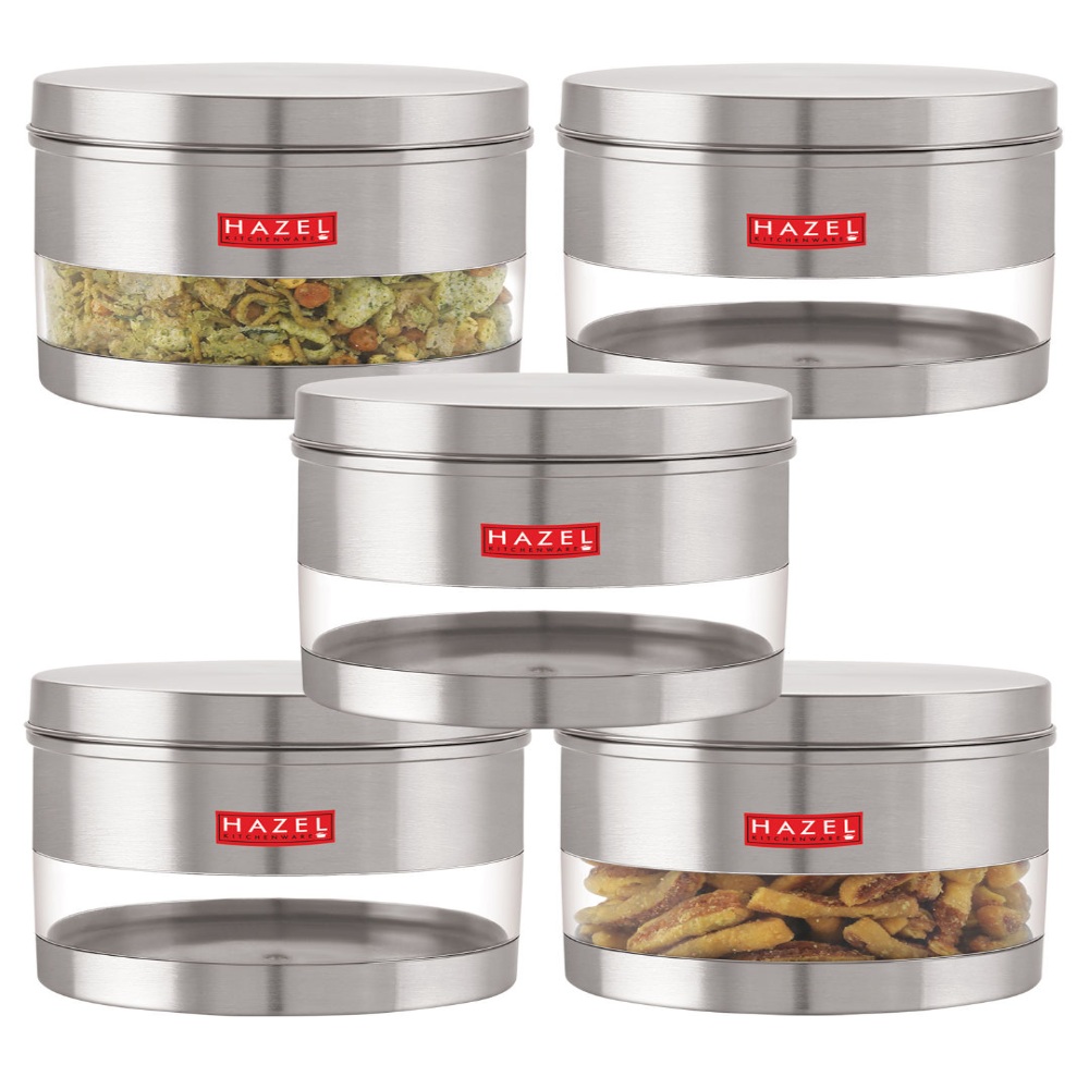 HAZEL Stainless Steel Containers Set For Kitchen Storage Transparent See Through Matt Finish Storage Jars Dabba, Set of 5, 1100 ML Each, Silver