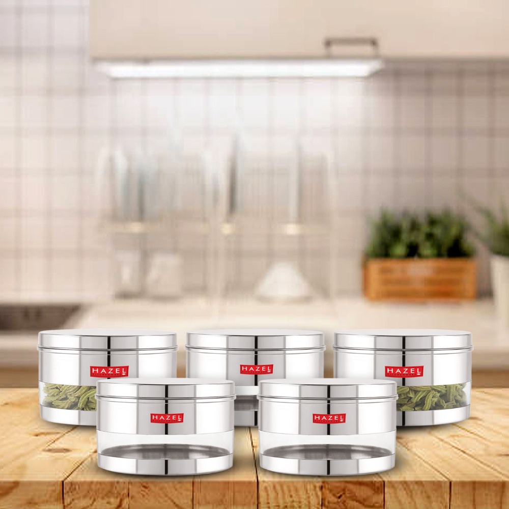 HAZEL Stainless Steel Containers Set For Kitchen Storage Transparent See Through Glossy Finish Storage Jars Dabba, Set of 5, 1100 ML Each, Silver