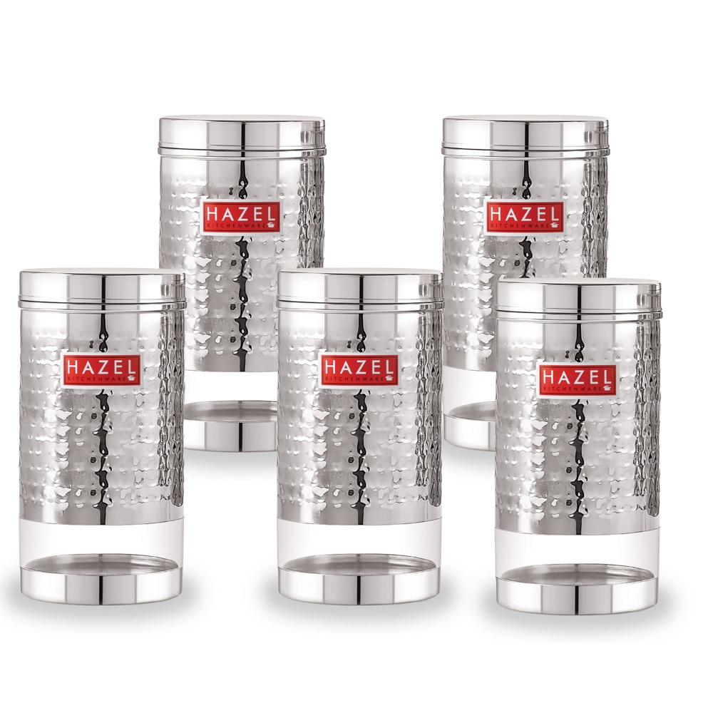 HAZEL Stainless Steel Containers Set For Kitchen Storage Hammered Finish Transparent See Through Glossy Storage Jars Dabba, Set of 5, 1700 ML Each, Silver