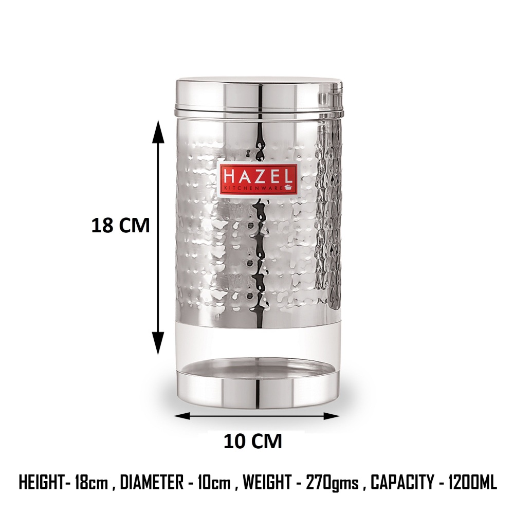 HAZEL Stainless Steel Containers Set For Kitchen Storage Hammered Finish Transparent See Through Glossy Storage Jars Dabba, Set of 5, 1200 ML Each, Silver