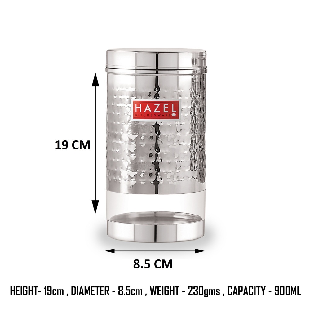 HAZEL Stainless Steel Containers Set For Kitchen Storage Hammered Finish Transparent See Through Glossy Storage Jars Dabba, Set of 6, 900 ML Each, Silver