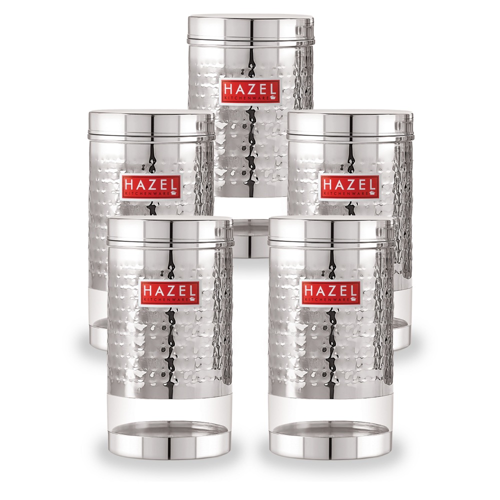 HAZEL Stainless Steel Containers Set For Kitchen Storage Hammered Finish Transparent See Through Glossy Storage Jars Dabba, Set of 5, 900 ML Each, Silver