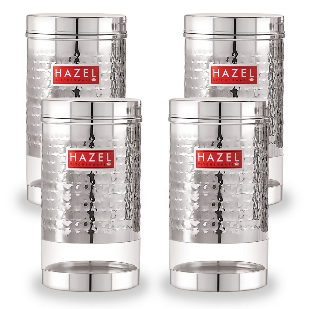 HAZEL Stainless Steel Containers Set For Kitchen Storage Hammered Finish Transparent See Through Glossy Storage Jars Dabba, Set of 4, 900 ML Each, Silver