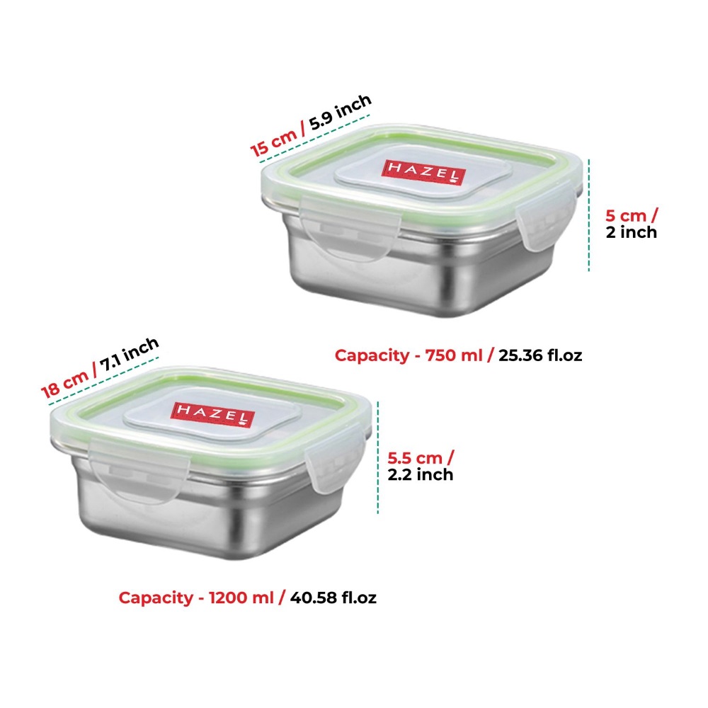 HAZEL Stainless Steel Tiffin Container With Leakproof Lid | Airtight Steel Lunch Container for Office Men Women College School Kids | Leakproof Steel Microwave Tiffin Box, 750 ML and 1200 ML 