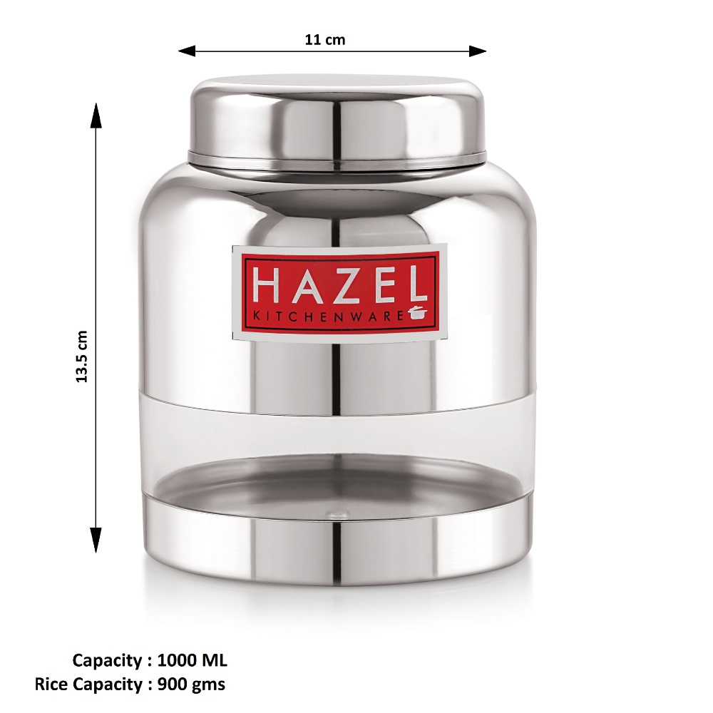 HAZEL Stainless Steel Transparent Glossy Finish Airtight See Through Container Barni Set of 6, 1000 ML, Silver