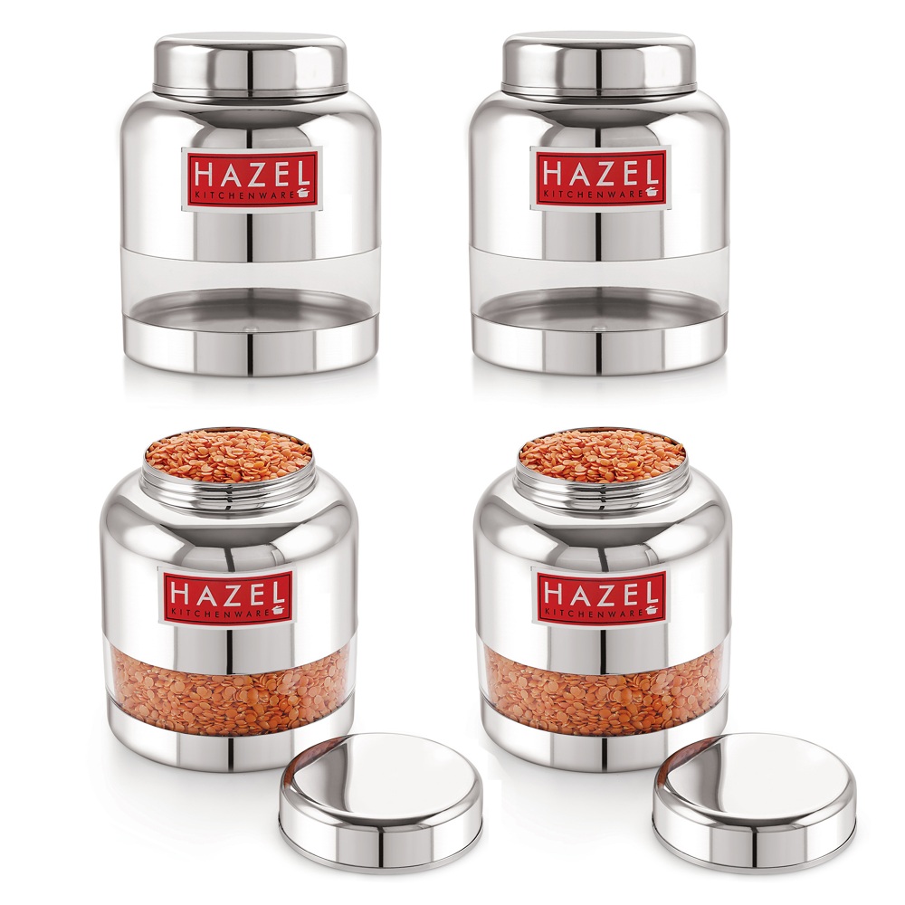 HAZEL Stainless Steel Transparent Glossy Finish Airtight See Through Container Barni Set of 4, 1000 ML, Silver