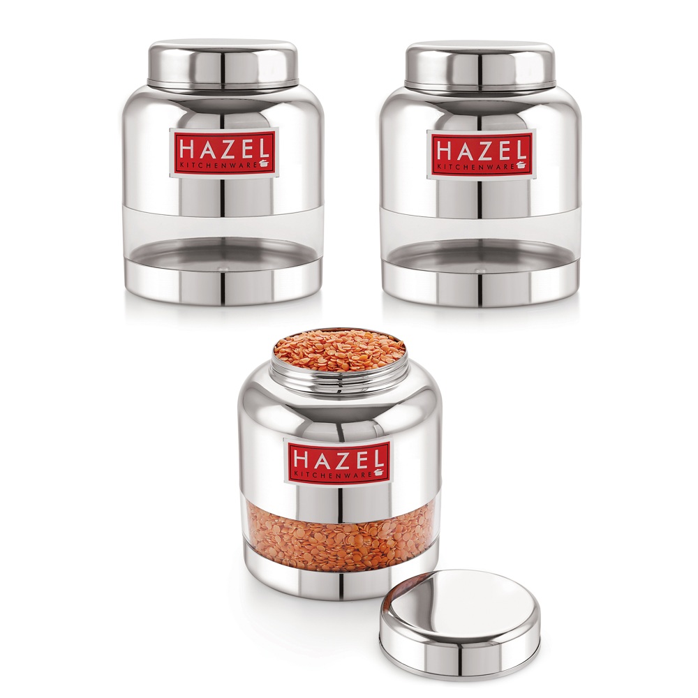 HAZEL Stainless Steel Transparent Glossy Finish Airtight See Through Container Barni Set of 3, 1000 ML, Silver