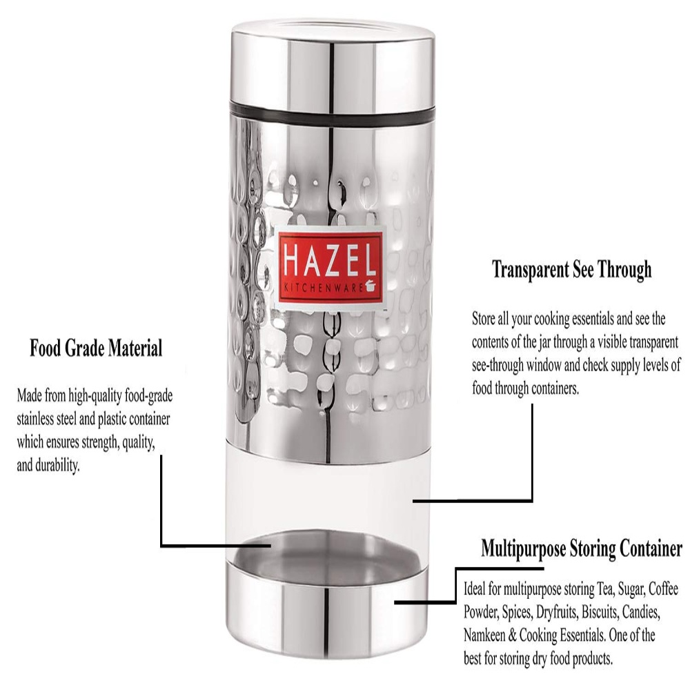 HAZEL Stainless Steel Hammered Finish Transparent Glossy See Through Container, Set of 6, 1000 ML Each, Silver